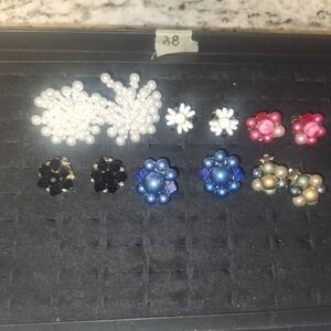 Vintage Clip On Earring Lot 6 Pairs Faux Pearl Japan Blue Pink Black Mid Century